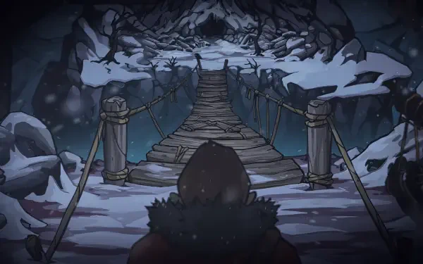 An HD desktop wallpaper from the video game Edge of Sanity, depicting a snow-covered landscape with a wooden bridge leading into a mysterious, dark cavern.