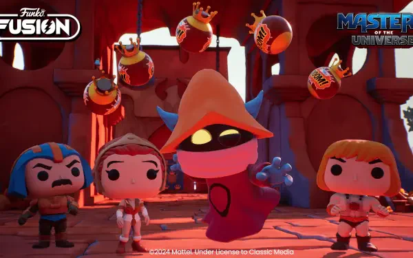 Colorful Funko Fusion characters from Masters of the Universe stand in a dynamic landscape, showcasing a vibrant HD PC desktop wallpaper and background for fans of video games.