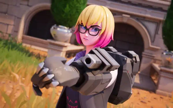 A vibrant 4K Ultra HD wallpaper featuring Gwenpool from Fortnite, showcasing her in an action pose with a futuristic weapon, set against a colorful background.