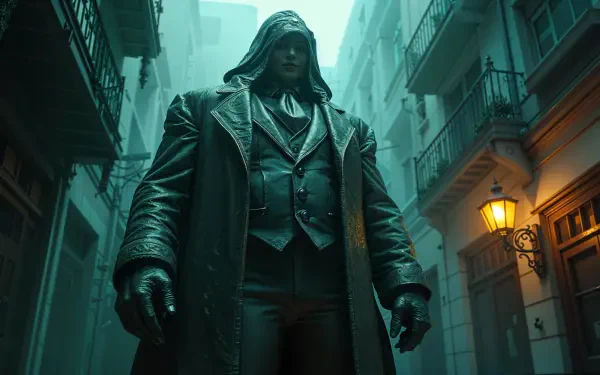 A shadowy figure in a long coat stands in a narrow, foggy alley, evoking a mysterious mafia atmosphere. The image is a striking 4K Ultra HD PC desktop wallpaper.
