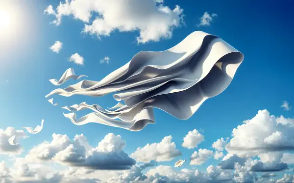 A stunning 4K Ultra HD wallpaper featuring flowing white fabric drifting amongst fluffy clouds against a bright blue sky, capturing a sense of serenity and freedom.