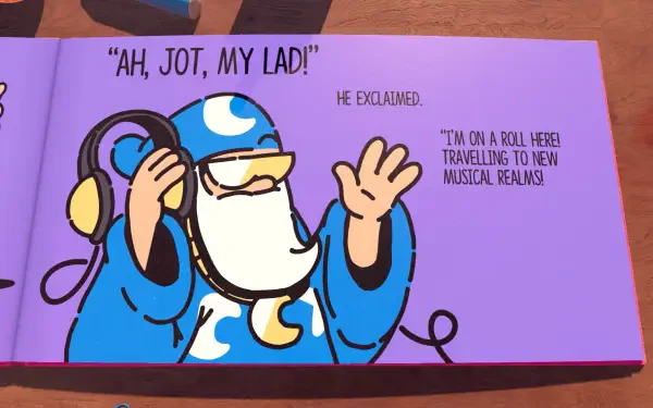 HD PC desktop wallpaper from the video game The Plucky Squire, featuring a wizard character speaking about traveling to new mission realms.