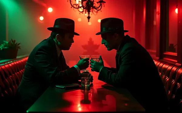 Two suited figures in hats toast with drinks at a dimly lit table, illuminated by red and green lights, creating a dramatic mafia-themed atmosphere. 4K Ultra HD quality wallpaper.