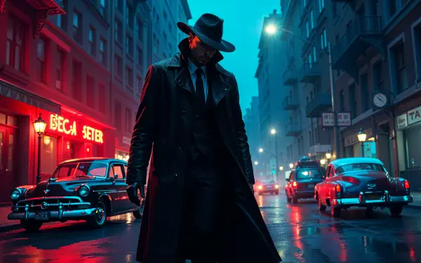 A mysterious figure in a long coat and hat stands in a rain-soaked urban street, illuminated by neon lights, capturing a classic mafia ambiance. 4K Ultra HD wallpaper.