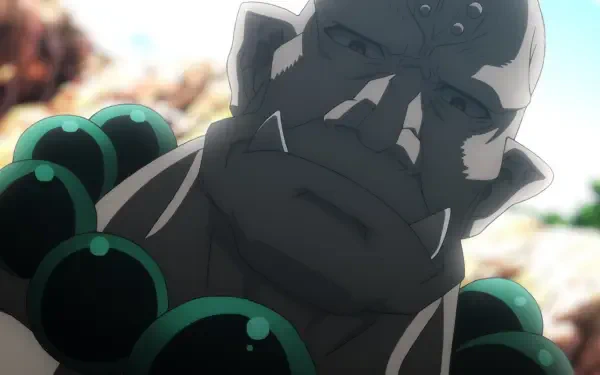 A close-up of a character from the anime The Ossan Newbie Adventurer, showcasing a rugged figure with a serious expression and distinctive green accessories, set against a blurred background.