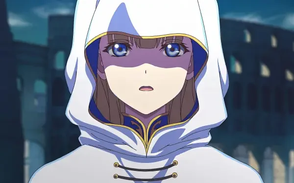 A character from Failure Frame gazes thoughtfully, wearing a hooded cloak. This HD anime wallpaper captures her expressive blue eyes and the atmospheric setting behind her.