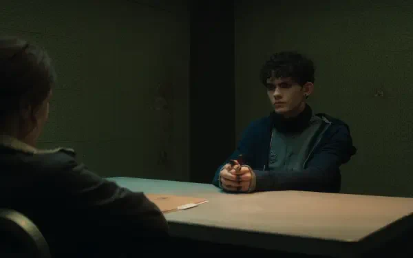 A tense scene from the TV show Agatha All Along, featuring two characters in a dimly lit interrogation room, with one seated at a table, holding a weapon. HD wallpaper background.