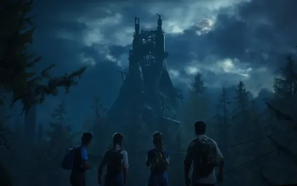 HD wallpaper from the video game The Casting of Frank Stone, featuring four characters silhouetted against a dark, foreboding tower in a shadowy forest under ominous clouds.