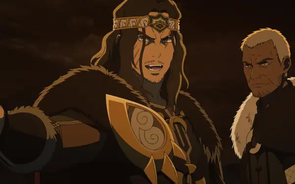 Anime-style HD desktop wallpaper featuring intense characters from The Lord of the Rings: The War of the Rohirrim in dramatic lighting and detailed armor.