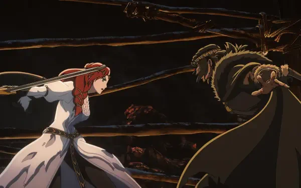 Anime-style HD desktop wallpaper from The Lord of the Rings: The War of the Rohirrim, depicting an intense sword duel between two characters.