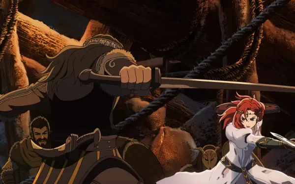 Anime-style HD desktop wallpaper from The Lord of the Rings: The War of the Rohirrim, featuring intense sword combat between armored warriors in a dark, cavernous setting.