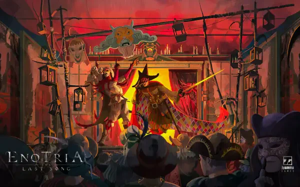 A vibrant HD wallpaper for the video game Enotria: The Last Song, featuring dramatic characters and a captivating stage set against a fiery backdrop.