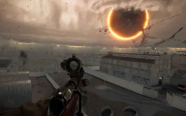 A captivating HD wallpaper from the video game Into the Radius VR, showcasing a dramatic skyline with a darkened sun and intricate structures, enhancing the immersive atmosphere of the game.