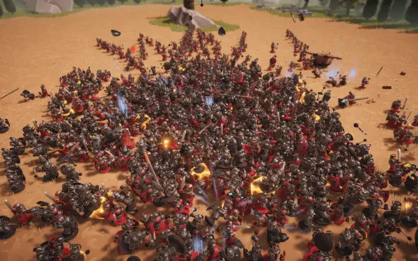 A dynamic scene from the video game Toy Tactics, featuring a chaotic battle with numerous characters engaged in combat on an expansive sandy battlefield, presented as a HD PC desktop wallpaper.