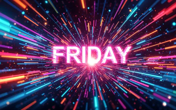 Colorful bursts of light radiate outward from the bold text FRIDAY, creating an energetic and dynamic 4K Ultra HD PC desktop wallpaper and background.