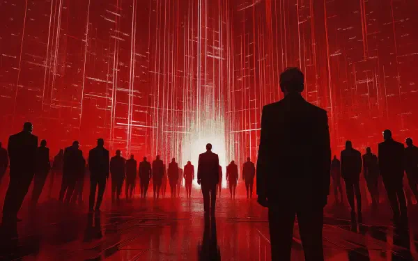 A dramatic 4K Ultra HD wallpaper showcasing a group of shadowy figures in suits against a striking red background, symbolizing themes of corporatism and power dynamics.