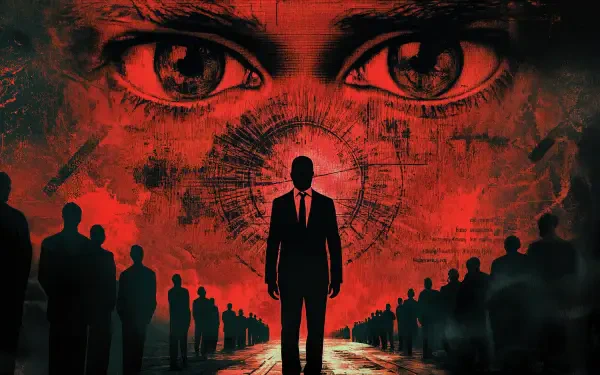 A striking 4K Ultra HD wallpaper depicting a shadowy figure in a suit, surrounded by silhouettes, set against a backdrop of intense red and watchful eyes, embodying themes of corporatism.