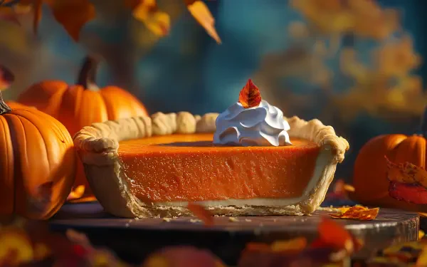 A cozy pumpkin pie sits adorned with whipped cream and a leaf, surrounded by autumn leaves and pumpkins, set against a serene backdrop. This 4K Ultra HD wallpaper captures a festive vibe.
