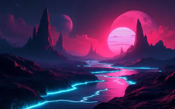 A vibrant 4K Ultra HD desktop wallpaper featuring a mystical landscape with glowing rivers, towering cliffs, and a striking pink sun in a starry sky.