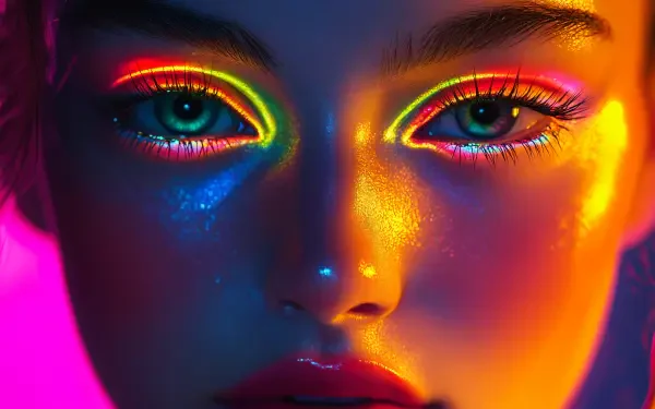 Close-up of a woman with vibrant neon makeup, featuring colorful eyeliner and glowing skin. This striking image serves as a stunning 4K Ultra HD desktop wallpaper.
