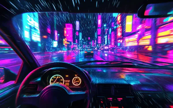A vibrant 4K Ultra HD wallpaper depicting a driver’s view through a car window, navigating a rain-soaked city street illuminated by colorful neon lights.