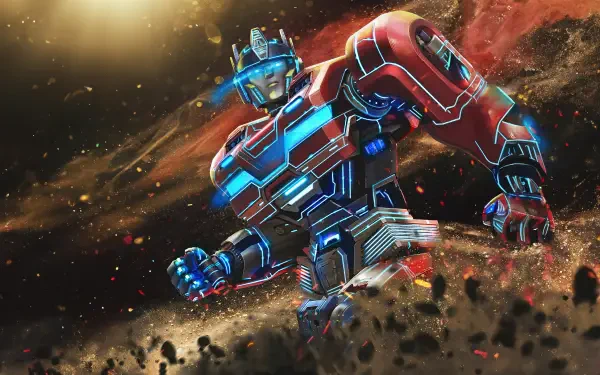 A dynamic 4K Ultra HD wallpaper featuring Optimus Prime from the movie Transformers One, showcasing vibrant colors and action amidst a cosmic backdrop.