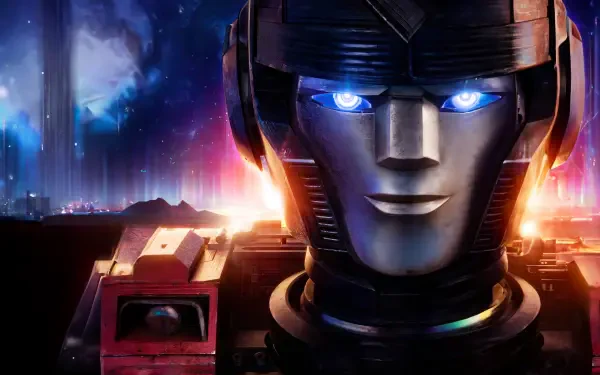 A striking 4K Ultra HD wallpaper featuring Optimus Prime from the movie Transformers One, showcasing his iconic face against a vibrant cosmic backdrop.