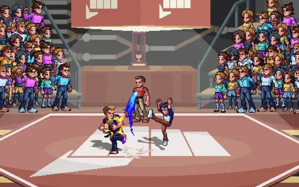 An action-packed scene from The Karate Kid: Street Rumble, showcasing a vibrant pixel art fight between competitors, with an animated crowd cheering in a dynamic arena setting.