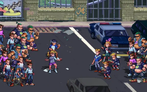 A vibrant HD wallpaper from the video game The Karate Kid: Street Rumble, depicting a street showdown between characters in a colorful pixel art style.