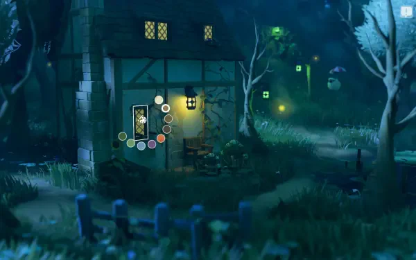 A serene HD wallpaper from the video game Tiny Glade, featuring a quaint house surrounded by glowing lights and lush greenery, set in a tranquil nighttime atmosphere.