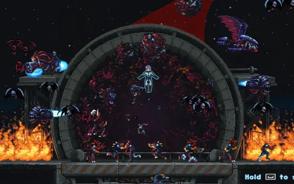 A vibrant 4K Ultra HD wallpaper from the game Iron Meat, featuring intense action against a backdrop of fire and space elements, showcasing unique characters and dynamic scenes.