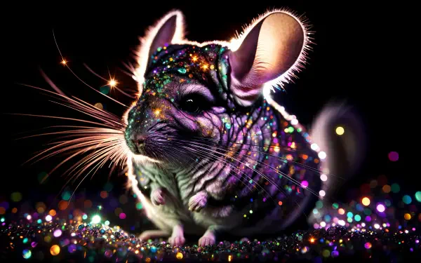 A vibrant chinchilla illuminated by colorful sparkles, set against a dark background. This stunning image serves as a 4K Ultra HD PC desktop wallpaper and background.