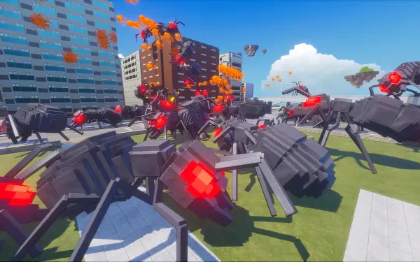 A vibrant HD wallpaper from *Earth Defense Force: World Brothers 2*, featuring massive robotic ants attacking a cityscape under a clear blue sky.