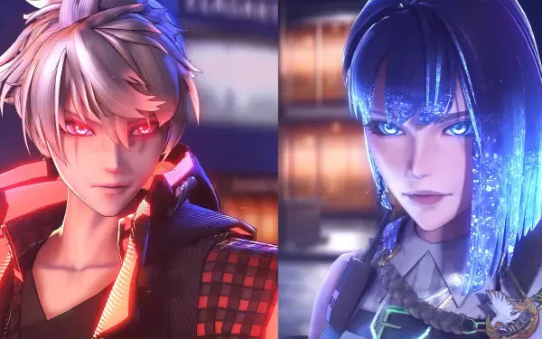 Dynamic HD PC desktop wallpaper featuring characters from the video game Reynatis, showcasing intense expressions and striking colors in a futuristic setting.