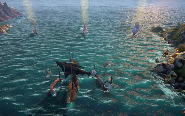 A dynamic scene from the video game Rogue Waters, featuring a dramatic ocean battle with multiple ships navigating the shimmering waters under a vibrant sky. HD PC desktop wallpaper.