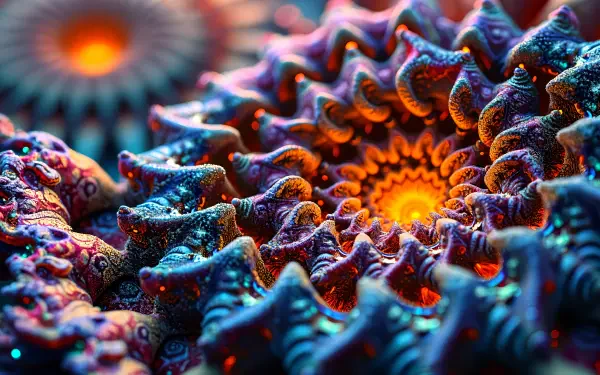 A vibrant 4K Ultra HD PC desktop wallpaper featuring intricate, spiraling patterns in bold colors, illuminated by glowing orange centers, creating a captivating visual effect.