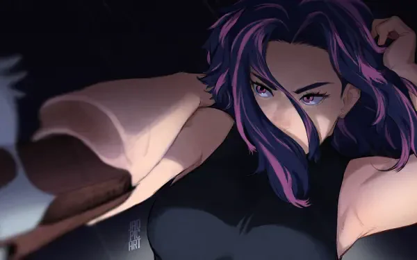 HD anime desktop wallpaper featuring Lady Nagant from My Hero Academia in a dynamic, intense pose with dark purple hair and sharp, focused eyes.