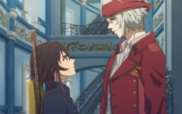 Anime-style HD PC desktop wallpaper from Bye Bye Earth features two characters in detailed, ornate surroundings, one with a red coat and hat, facing another with dark hair and a sword.
