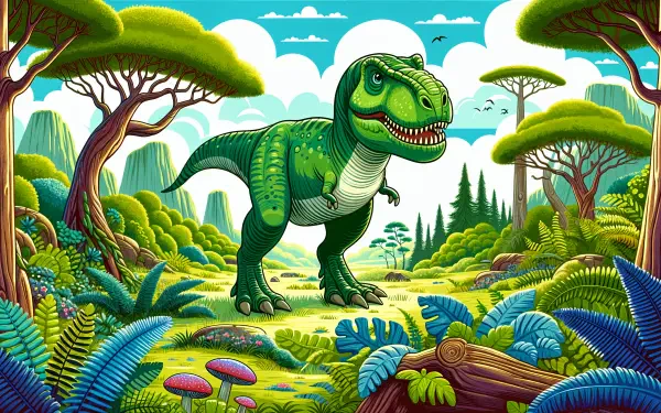A vibrant 4K Ultra HD PC desktop wallpaper featuring a Tyrannosaurus Rex in a lush, colorful prehistoric landscape, surrounded by trees and ferns.