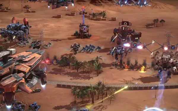 A high-definition desktop wallpaper from the video game Mechabellum, showcasing an intense battle scene with futuristic machines and vibrant explosions on a barren landscape.