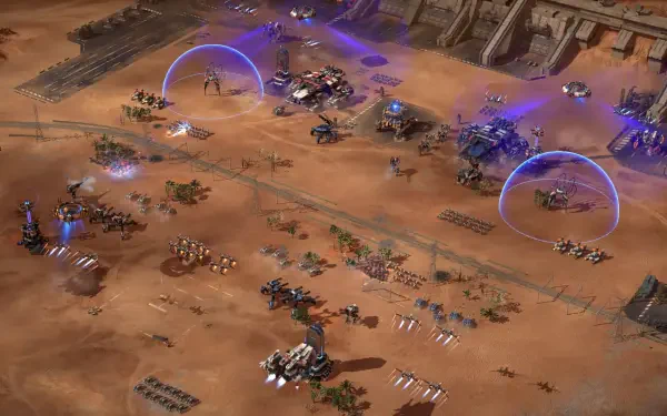 A vibrant HD wallpaper depicting a battlefield scene from Mechabellum, featuring various units and installations in a desert landscape, with energy shields and tactical formations.