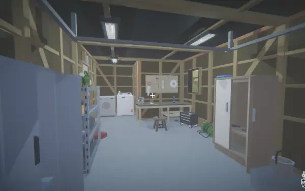 A vibrant HD PC desktop wallpaper depicting an interior from the game Moving Houses, featuring appliances and furniture within a spacious, unfinished room.