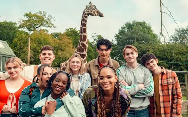 A lively group photo from the TV show *Heartstopper*, featuring characters smiling together with a giraffe in the background, set against a green, natural landscape.