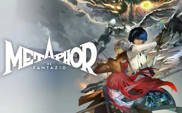 High-definition wallpaper featuring characters from the video game Metaphor: ReFantazio, set against a dramatic, otherworldly backdrop with vivid colors and dynamic action elements.