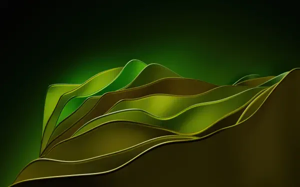 Abstract green waves flow across a dark background in this 8K Ultra HD desktop wallpaper, creating a dynamic and visually striking visual experience.