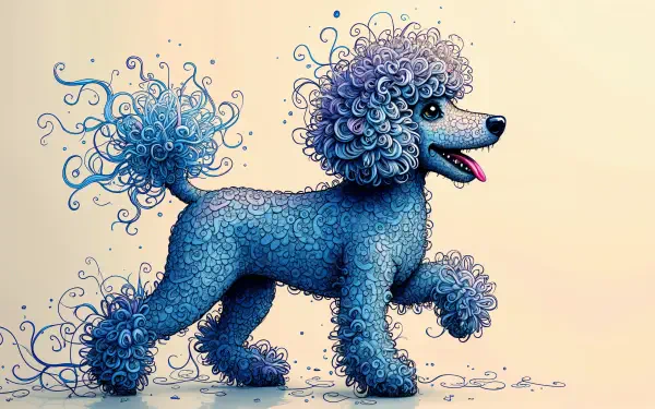 Artistic cartoon of a blue poodle with curly fur, designed as a vibrant 4K Ultra HD PC desktop wallpaper and background.