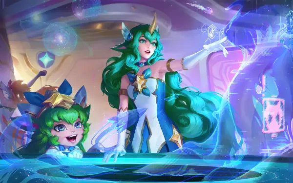 A vibrant 4K Ultra HD wallpaper featuring Lulu and Soraka from League of Legends, showcasing their magical abilities in a colorful and dynamic setting.