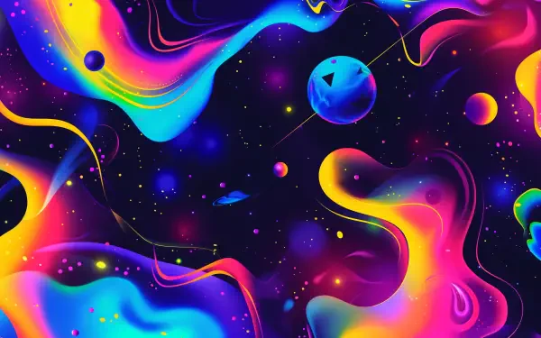 A vibrant, abstract depiction of space featuring swirling colors, planets, and stars, crafted as a stunning 4K Ultra HD desktop wallpaper and background.