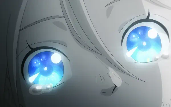 Close-up of Nina from Nina the Starry Bride, showcasing her striking blue eyes in an HD anime wallpaper. The image captures a moment of emotion and beauty.