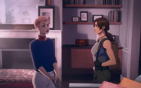 Anime-inspired HD wallpaper featuring Lara Croft from Tomb Raider: The Legend of Lara Croft, engaging in a conversation with another character in a cozy, detailed setting.